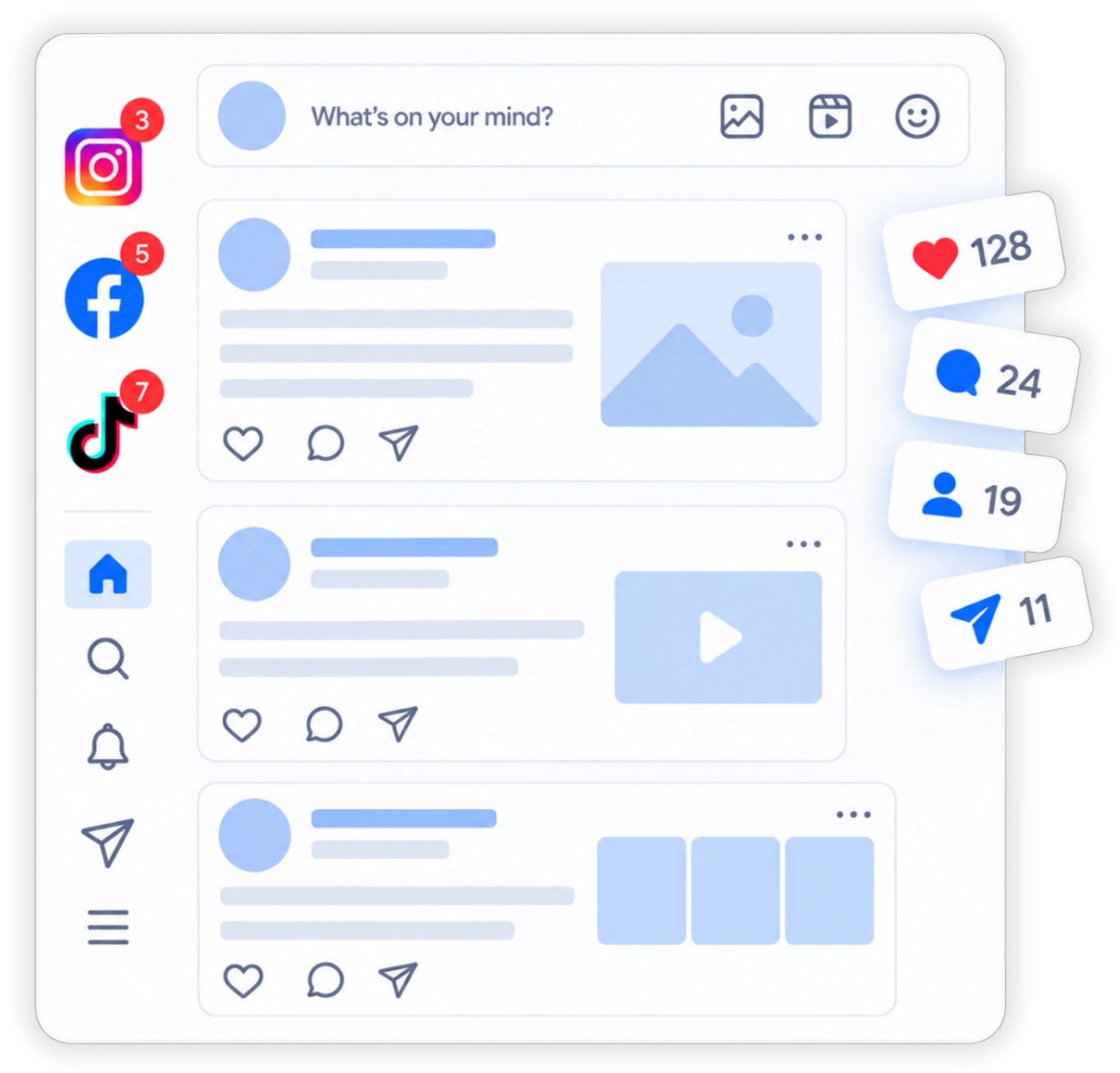 Illustration of a social media feed with Instagram, Facebook and TikTok notifications, likes and comments